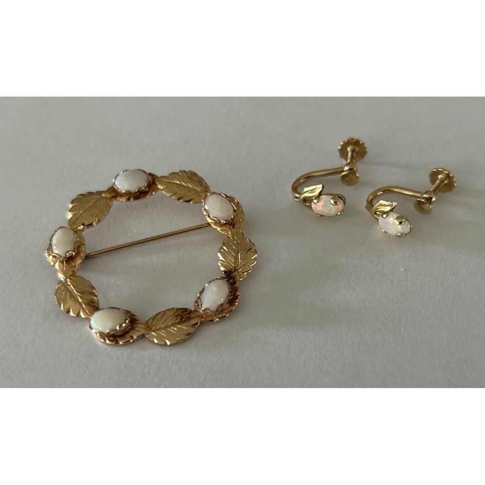 Vintage Rolyn Inc Pin Brooch Earring Set Precious Opal 1/20 12K Gold Filled MCM